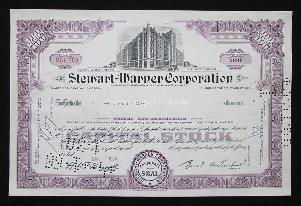 Stewart-Warner Corporation 100 r�szv�ny 1966 / j�rm�- �s m�r�m�szerek gy�rt�sa